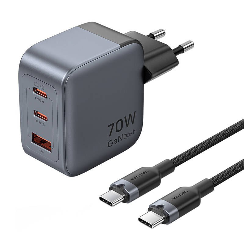 Vention GaN USB-C+C+A 70W töltő + USB-C-C kábel 1m Szürke 