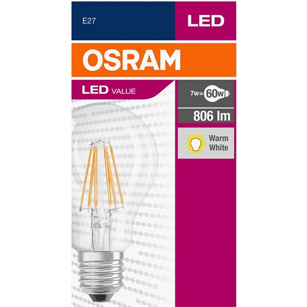 Osram Value átlátszó üveg búra 7W 827lm 2700K E27 LED körte izzó