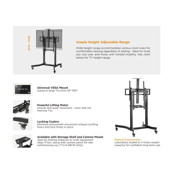 Equip 650633  55"-100" álló  dönthető  állítható magasság  gurulós  motoros Max.:120kg TV állvány   Fekete 