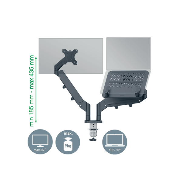 LEITZ Ergo Dual helytakarékos monitor- és laptopkar Sötétszürke