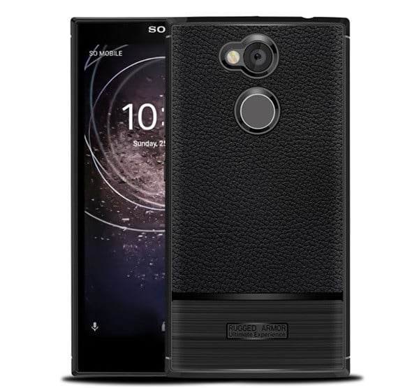 Szilikon telefonvédő (közepesen ütésálló, bőr hatású, szálcsiszolt) FEKETE [Sony Xperia L2 (H4311)]