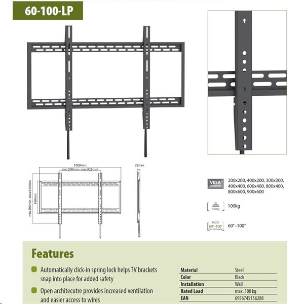 SUNNE TV fali konzol 60-100" 100kg fix (60-100-LP)