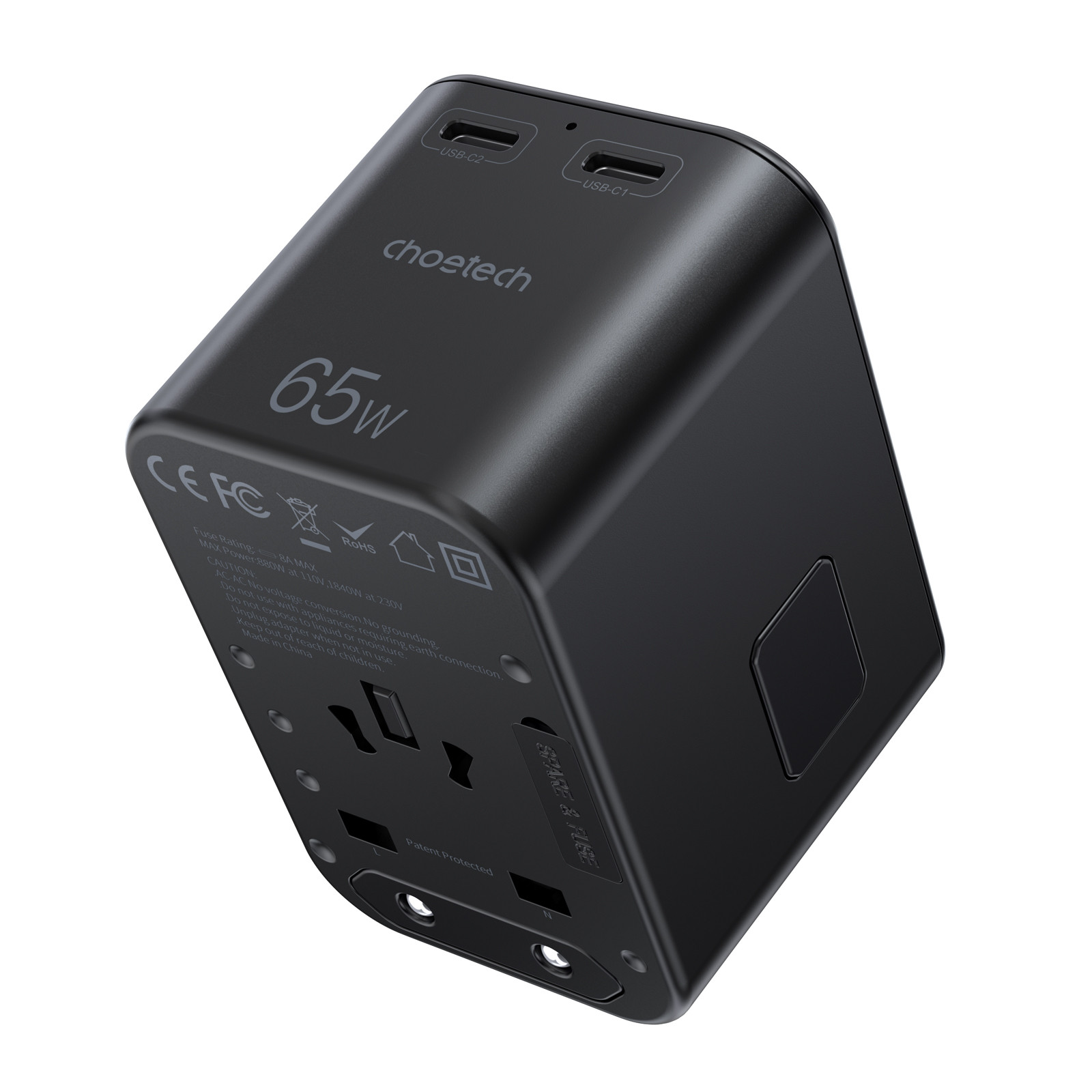 Choetech USB-C*2+A  65W travel US,UK,EU,AU töltő Fekete  