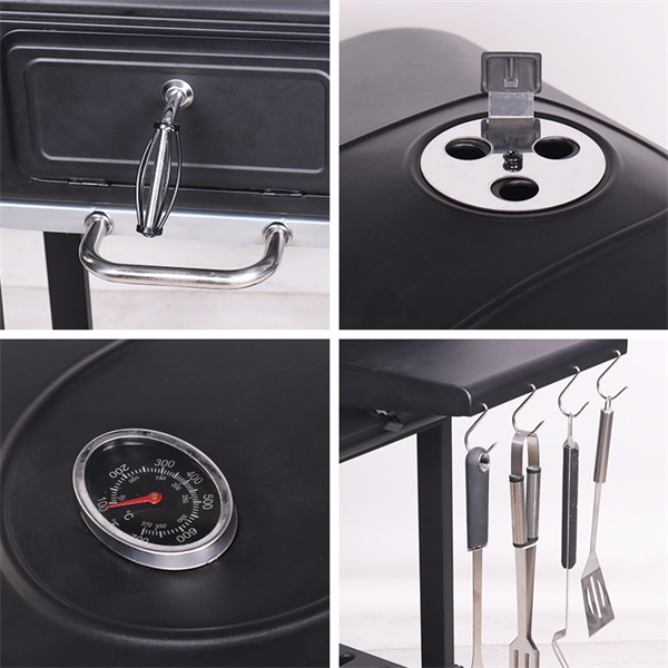 TOO BG-200B fekete BBQ faszenes grillkocsi két oldalsó asztallal