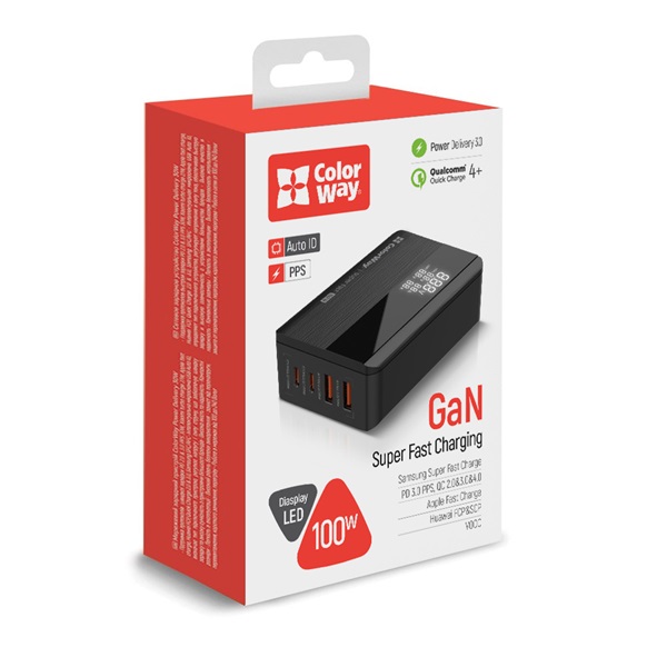 COLORWAY CW-CHS041PD-BK AC Charger Power Delivery GaN 2USB-A + 2USB TYPE-C 100W USB töltő Fekete  