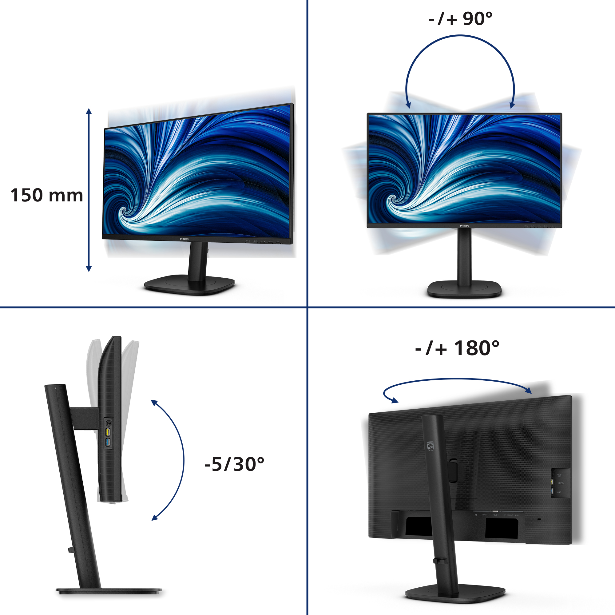 Philips 24" 24B2N3200J Monitor - 1920x1080, Full HD, LED, IPS, 120Hz, 5ms, Hangszóró, Pivot, Fekete
