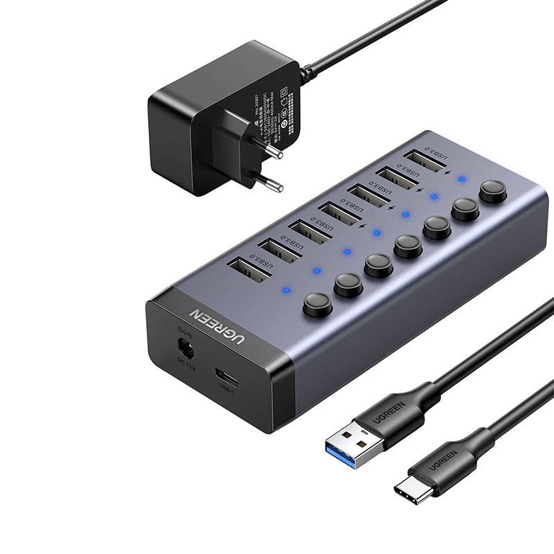 UGREEN 7 az 1-ben adapter Hub USB-C 7x USB-A 3.0 12V 2A fekete (90307)
