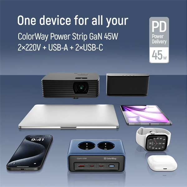 COLORWAY Hálózati és USB elosztó, 2 dugalj, 2x220V/1xUSB-A/2xUSB-C (GaN45W)