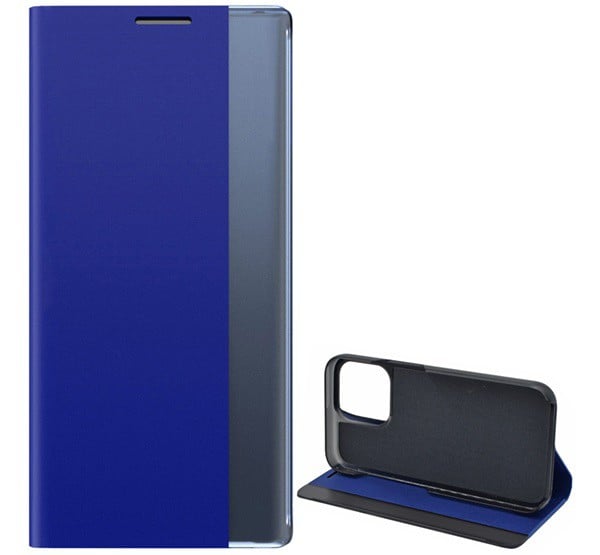 Tok álló, textil hatású (aktív FLIP, oldalra nyíló, asztali tartó funkció, Smart View Cover) SÖTÉTKÉK [Apple iPhone 13 Pro]