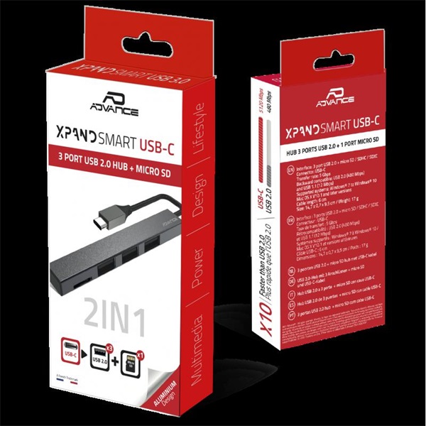 Advance    XPAND SMART USB-C 2IN1  USB-C to 3xUSB-A2.0+MicroSD/SDHC/SDXC USB Hub Szürke 
