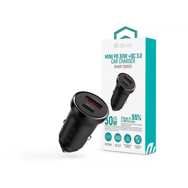 Devia ST112421 Smart Series Mini 30W PD+QC USB+Type-C fekete autós töltő adapter