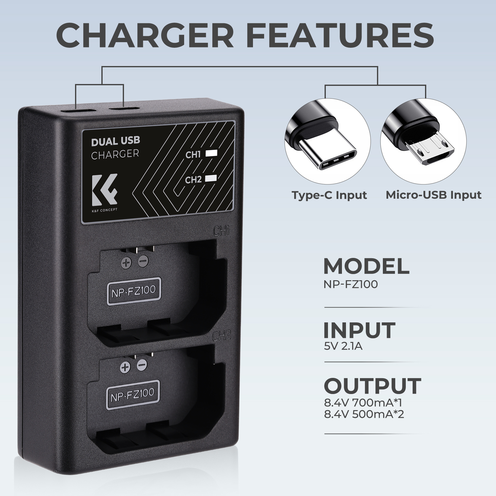 K&F Concept hordozható dupla BC-QZ1 akkumulátor töltő, USB-C, 2db FZ100 akkumulátorhoz
