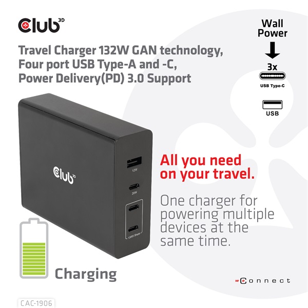 Club 3D CAC-1906 132W GaN 2x USB-A 2x USB-C PD3.0, 4 csatlakozó Hálózati Töltő Club 3D CAC-1906 132W GaN 2x USB-A 2x USB-C PD3.0, 4 csatlakozó Hálózati Töltő