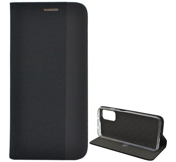 Tok álló, bőr hatású (FLIP, oldalra nyíló, asztali tartó funkció, textil minta) FEKETE [Xiaomi Redmi 9T]