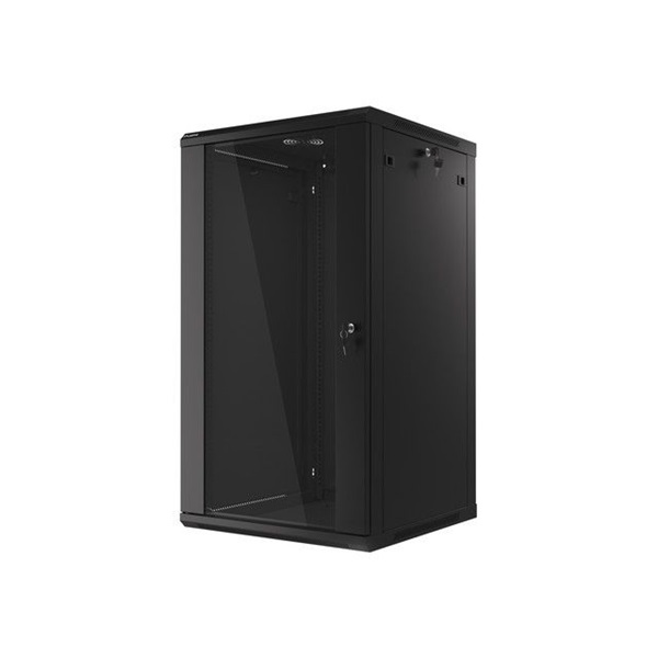 Lanberg WF01-6622-10B 19" 22U SZÉL:600 MÉLY:600 MAG:1085 lapraszerelt üvegajtós fekete fali rack szekrény