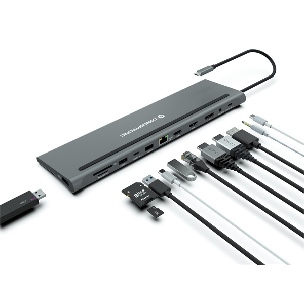 Conceptronic  DONN17G  USB-C to HDMI/DP/USB-C PD/USB-C data/USB 3.0/USB 2.0/SD/TF/GbE/AUX Notebook Dokkoló