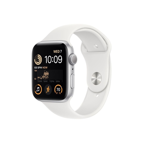 Apple Watch SE (2022) GPS 44mm ezüstszínű alumíniumtok, fehér sportszíj (MNK23CM/A)