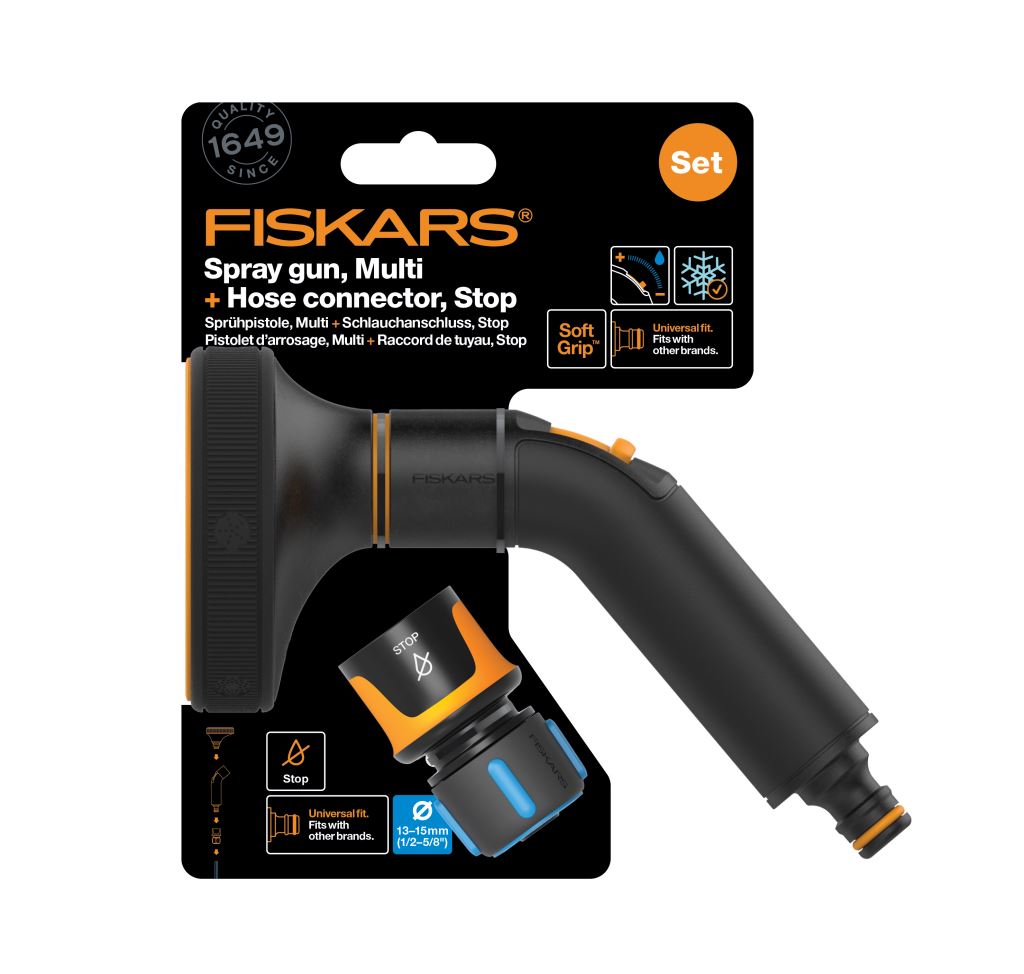 Fiskars 1057609 Comfort locsolópisztoly multi fej + CF tömlőcsatlakozó 13-15mm STOP