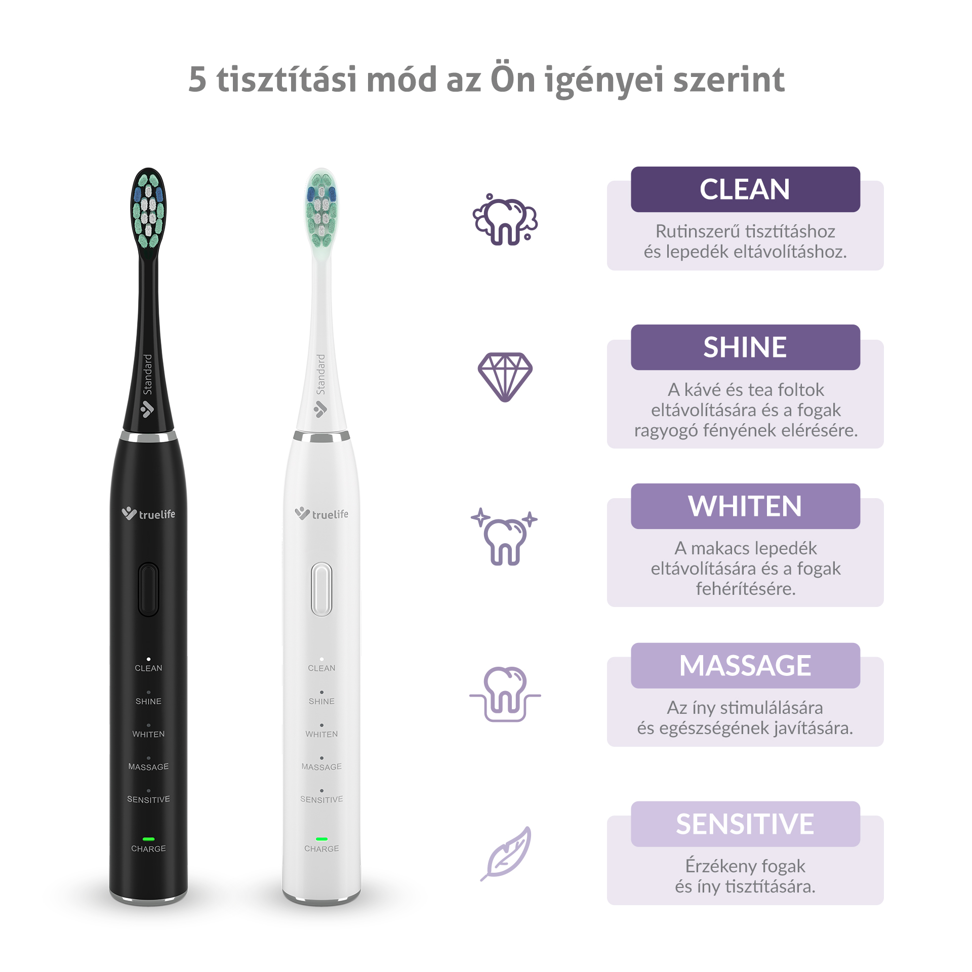 TrueLife SonicBrush Clean30 Duo Elektromos fogkefe 2db Fekete/fehér