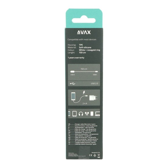 AVAX CB620 CREAMY+ USB A - Type C 2.4A 1,5m gyorstöltő kábel Fehér-roséarany AVAX CB620 CREAMY+ USB A - Type C 2.4A 1,5m gyorstöltő kábel Fehér-roséarany