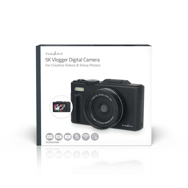 Nedis PCAM2570BK vlogger digitális fényképezőgép / kamera, kihajtható képernyő, 75 MPixel, 5K@15fps, 16 MPixeles CMOS