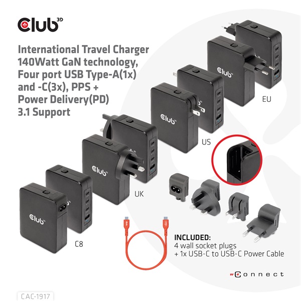 Club3D International Travel Charger 140W GaN technology Four port USB Type-A(1x) and -C(3x) PPS + Power Delivery(PD) 3.1 Support