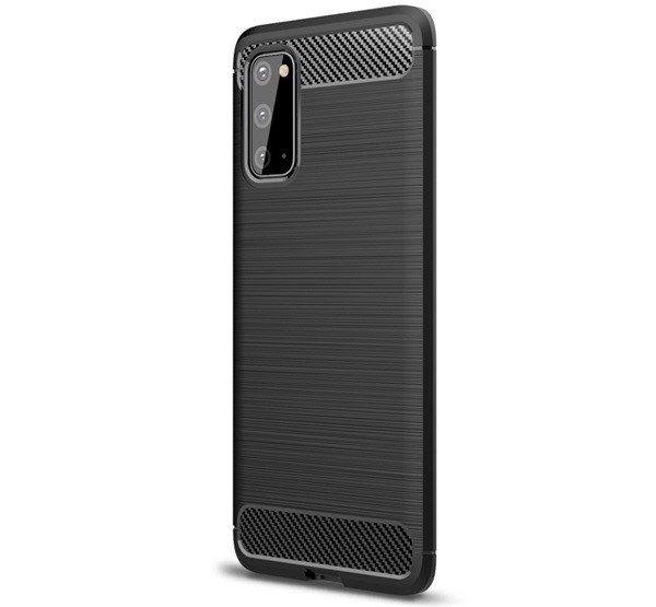 Szilikon telefonvédő (közepesen ütésálló, légpárnás sarok, szálcsiszolt, karbon minta) FEKETE [Samsung Galaxy S20 5G (SM-G981U)]