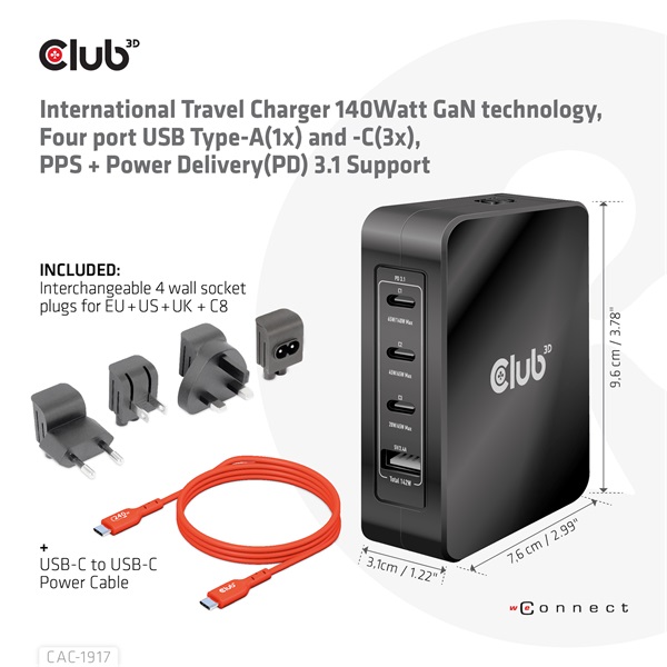 Club3D International Travel Charger 140W GaN technology Four port USB Type-A(1x) and -C(3x) PPS + Power Delivery(PD) 3.1 Support