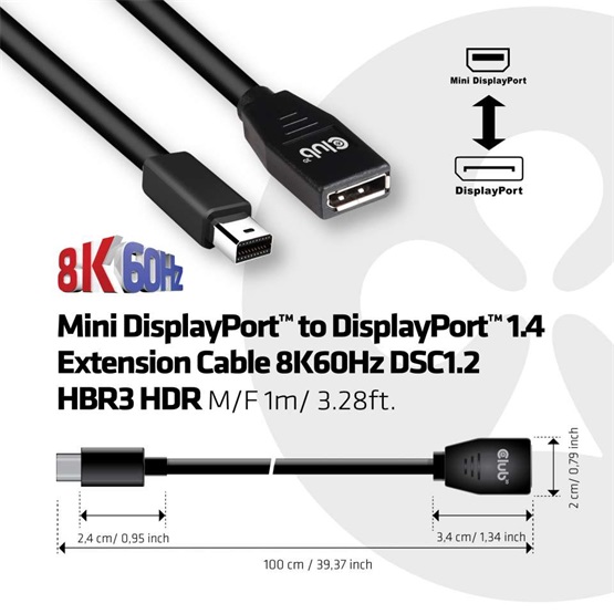  Club3D Mini DisplayPort to DisplayPort1.4 Extension Cable 8K60Hz DSC1.2 HBR3 HDR M/F 1m 