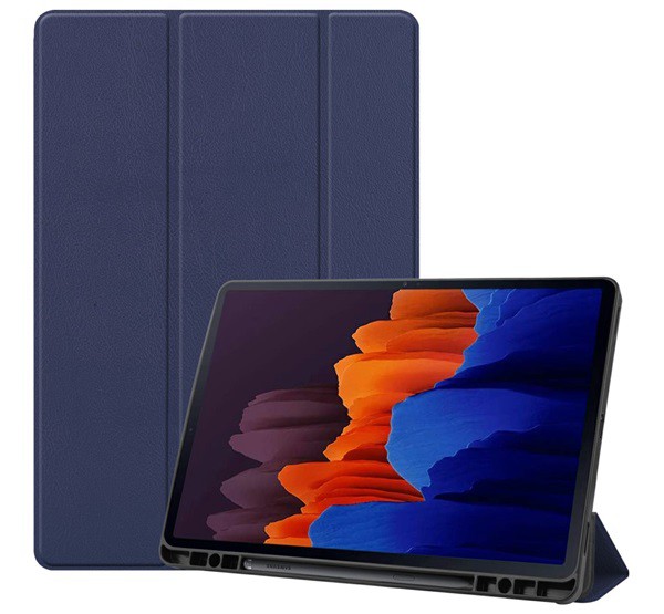 Tok álló, bőr hatású (aktív FLIP, oldalra nyíló, TRIFOLD asztali tartó funkció, S Pen tartó) SÖTÉTKÉK [Samsung Galaxy Tab S8 Plus LTE ...