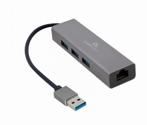 Gembird A-AMU3-LAN-01 USB Gigabit hálózati Adapter 3 portos USB 3.0 Hub-bal szürke 