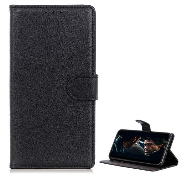 Tok álló, bőr hatású (FLIP, oldalra nyíló, asztali tartó funkció, prémium) FEKETE [Samsung Galaxy Note 20 5G (SM-N981F)]