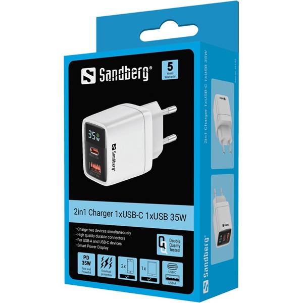 Sandberg Telefon töltő  2in1 Charger 1xUSB-C 1xUSB 35W