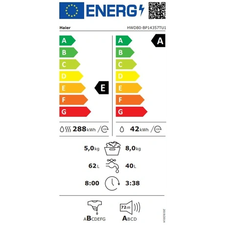 Haier HWD80-BP14357TUS Mosó- és szárítógép Fehér/fekete