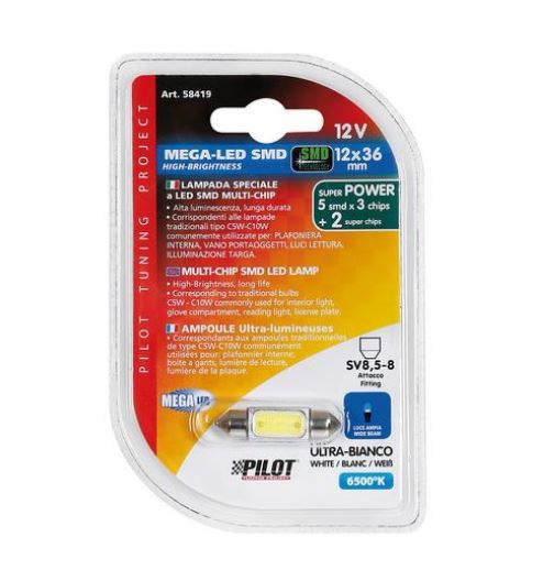 Lampa 12V SV8,5-8 sofita, 10x36mm 1 SMD, fehér színű, 1db (0158448)