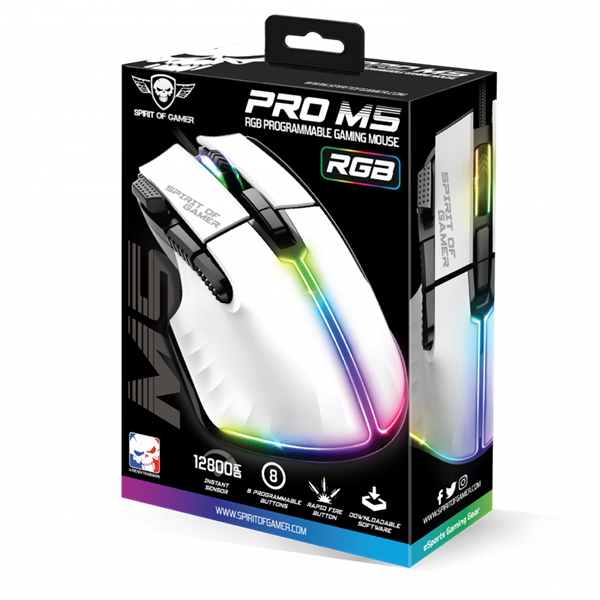 Spirit of Gamer  PRO-M5 Arctic  Optikai 12800DPI  8 gomb Egér Fehér 