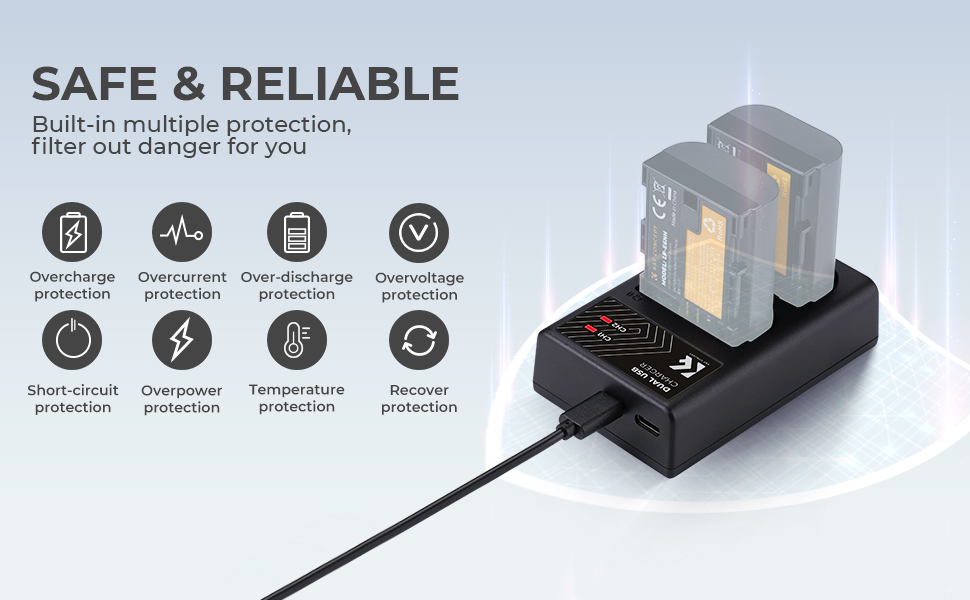 K&F Concept hordozható dupla LC-E6 akkumulátor töltő, USB-C, 2db LP-E6NH akkumulátorhoz
