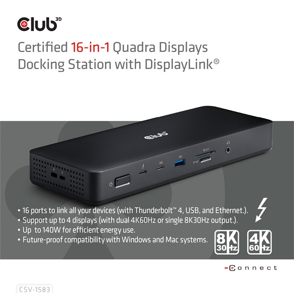 Club 3D CSV-1583 140W  2xThunderbolt 4 3xDP  2xHDMI, USB-C, 3xUSB-A, SD, TF, RJ45, 3,5 Jack, DC Notebook Dokkoló