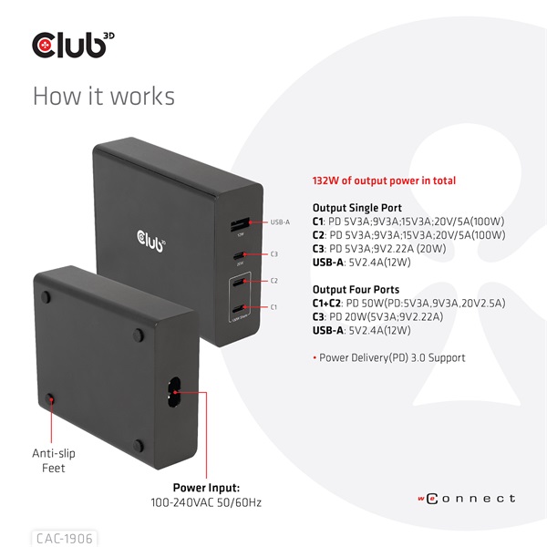 Club 3D  CAC-1906  132W GaN  2x USB-A  2x USB-C  PD3.0, 4 csatlakozó Hálózati Töltő 