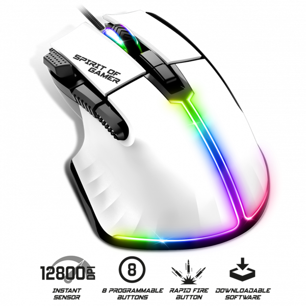 Spirit of Gamer  PRO-M5 Arctic  Optikai 12800DPI  8 gomb Egér Fehér 