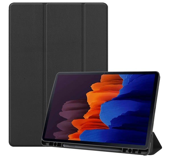 Tok álló, bőr hatású (aktív FLIP, oldalra nyíló, TRIFOLD asztali tartó funkció, S Pen tartó) FEKETE [Samsung Galaxy Tab S8 Plus LTE ...