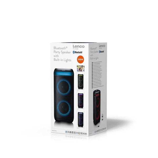 Lenco PA-210BK Bluetooth 5.3 bulihangszóró beépített világítással , TWS, 100W erősítővel, 2x mikrofon bemenet