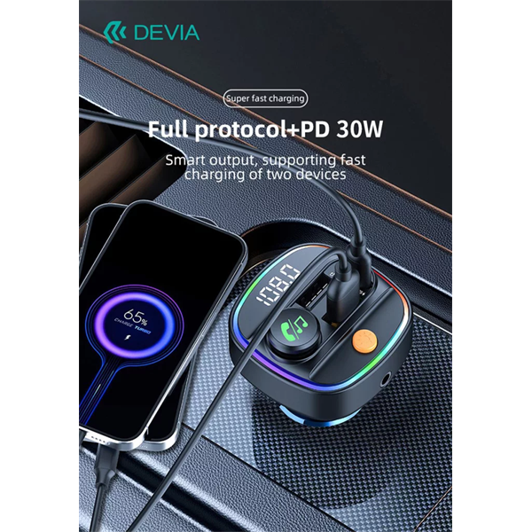 Devia ST112513 Smart Series autós gyorstöltő 30W PD+QC 2xUSB/AUX/MP3 fekete Bluetooth FM-transmitter