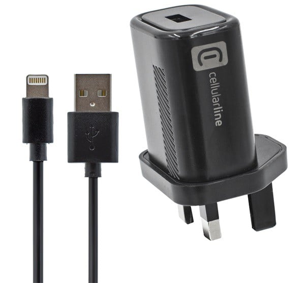CELLULARLINE hálózati adapter USB aljzat (12W, UK, földelt, utazótöltő + lightning 8pin kábel) FEKETE (ACHKITMFI12WUKK)