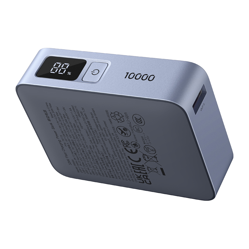 Ugreen PB584 10 000 mAh-s hordozható akkumulátor, USB + USB-C, 33 W, beépített kábellel (szürke)