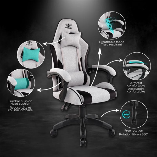Spirit of Gamer szék - ARENA Light Grey (állítható magasság; párnázott kartámasz; PU; max.120kg-ig, világos-szürke)