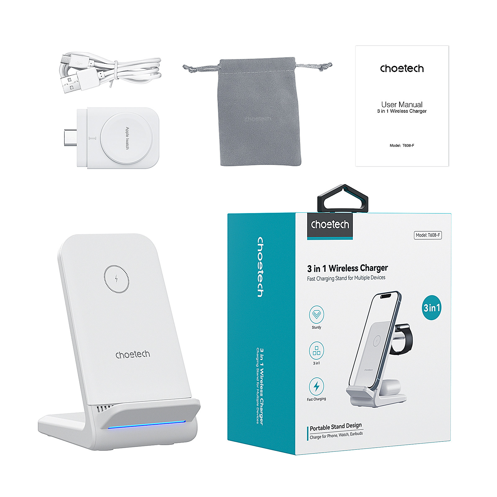 Choetech 3-1ben Mágneses Wireless töltő fehér  