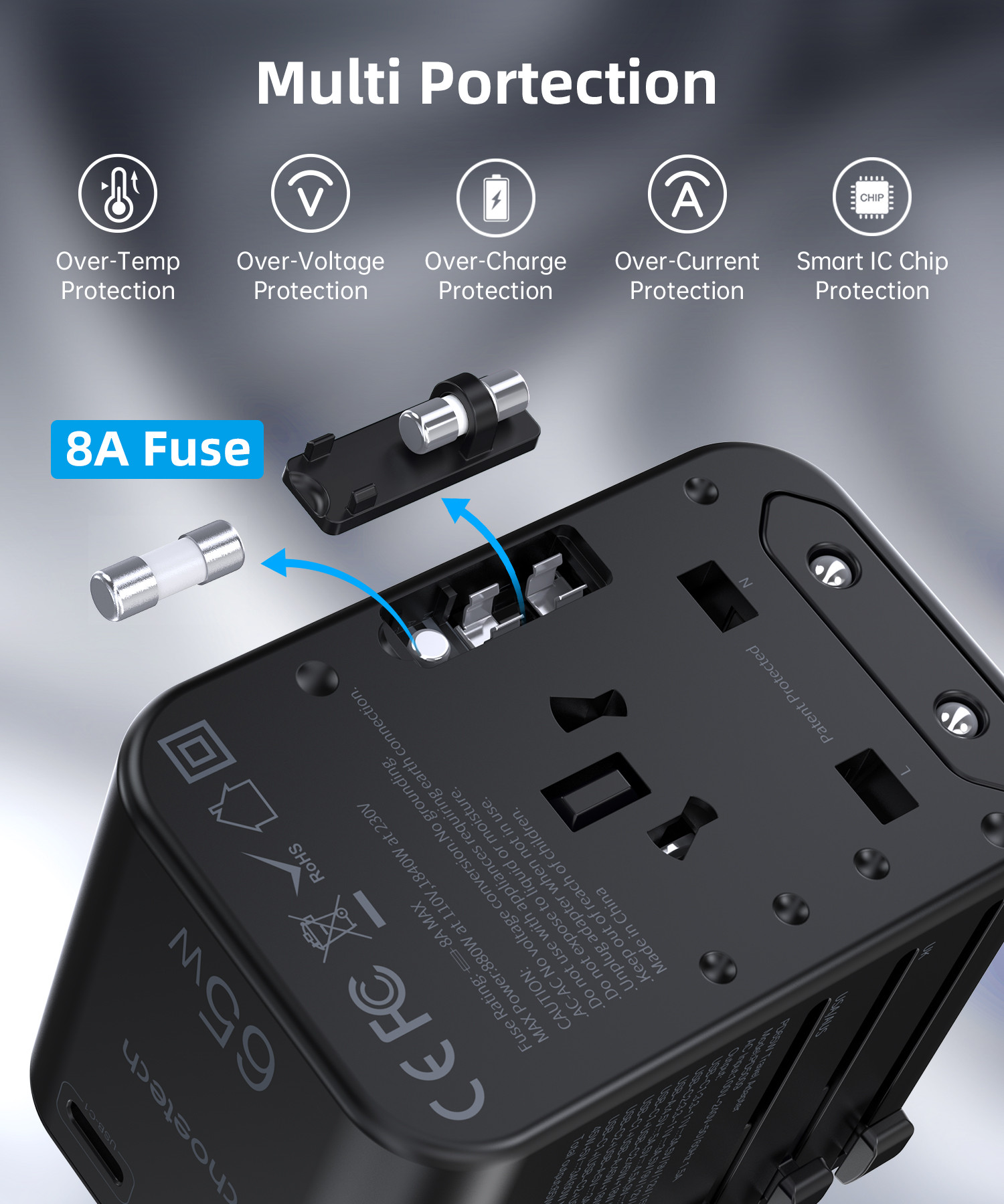 Choetech USB-C*2+A  65W travel US,UK,EU,AU töltő Fekete  