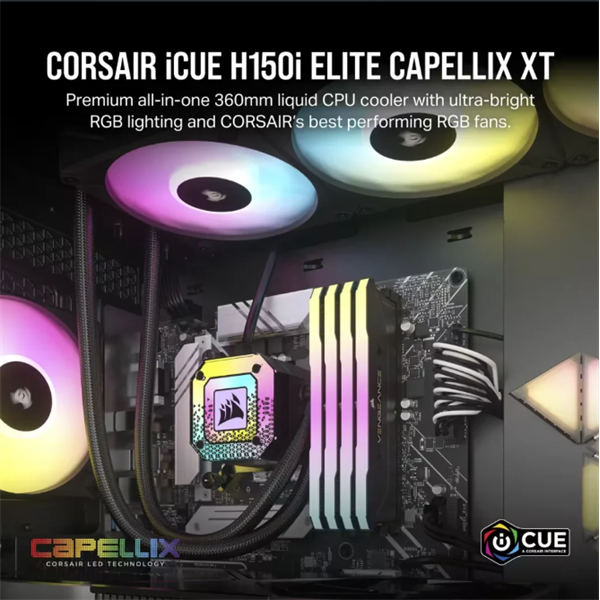 CORSAIR iCUE H150i ELITE CAPELLIX XT, 360mm Radiator, Liquid CPU Hűtő CORSAIR iCUE H150i ELITE CAPELLIX XT, 360mm Radiator, Liquid CPU Hűtő
