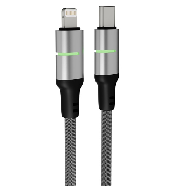 AVAX CB635 STEELY LED 1m 27W USB-C - Lightning fekete fonott gyorstöltő kábel